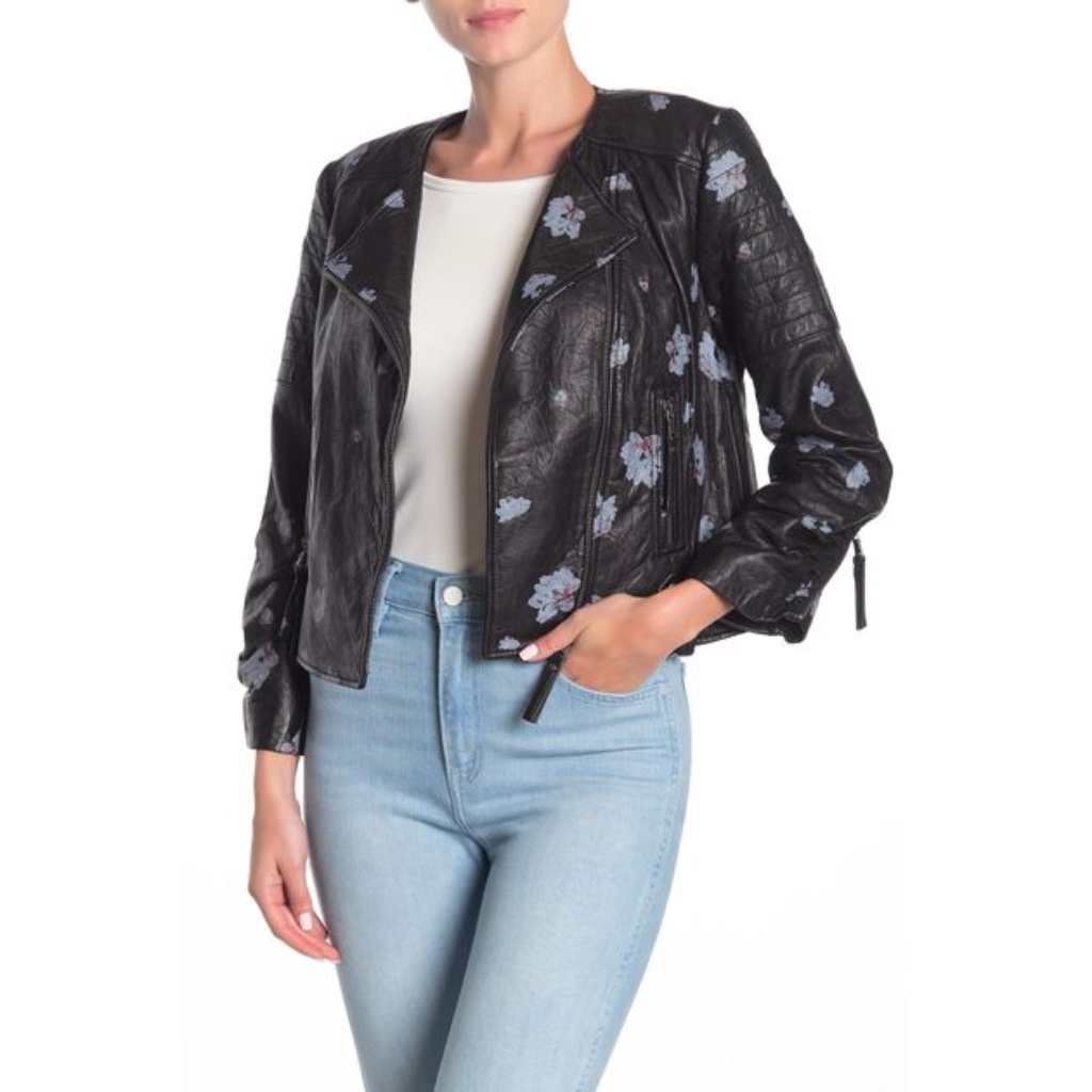 Nwt Joie Thisbe Moto Black Floral Leather Jacket